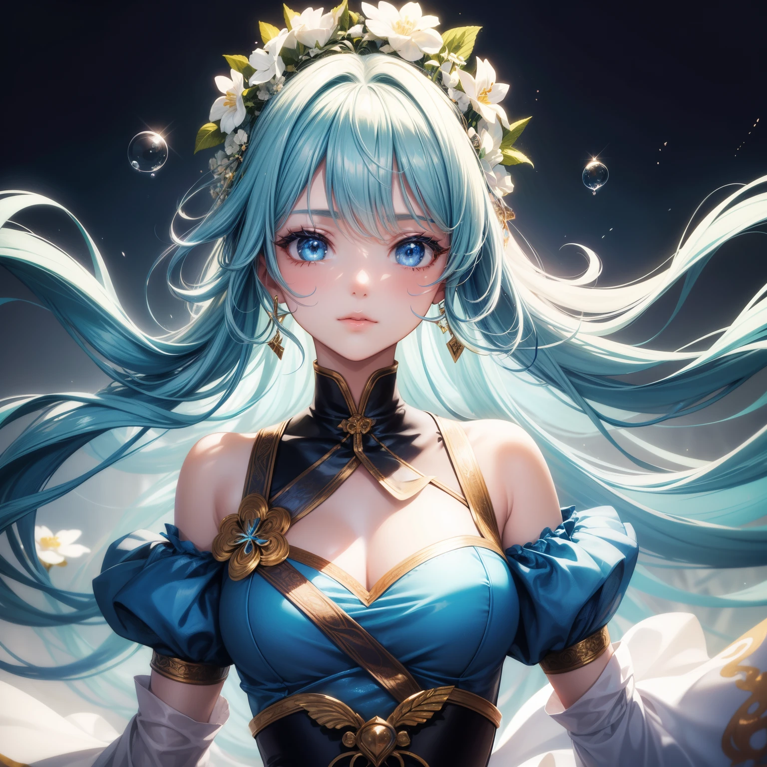 blue hair, long hair, straight hair, big hair, jewelry, empty eyes, earrings, light smile, embarrassed, excited, Surrealism, high detail, anime style, depth of field, cinematic lighting, ray tracing, reflective light, bright light, chromatic aberration abuse, 16k, super detail, textured skin, high details, best quality, high quality, full body