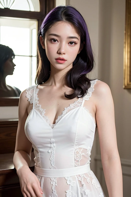 best quality,masterpiece,extremely detailed,high res,4k,ultra high res,detailed shadow,ultra realistic,realistic,dramatic lighting,1girl,solo,detailed face,realistic eyes,realistic skin,white dress,purple hair,dynamic pose, white lace dress