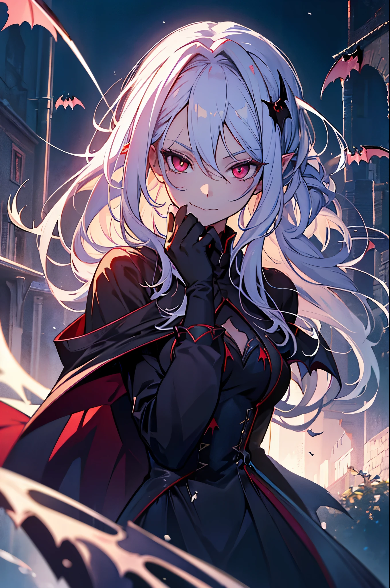 With white hair and Blue eyes,beautiful as a fairy,A cute expression that stirs affection,side face,floating hair,light particles,glare,vivid,fancy,dreamlike,a dim atomshpere, ((Vampire Girl)) ((Vampire Princess)) ((Dark Fantasy)) ((Red-Eyes))
