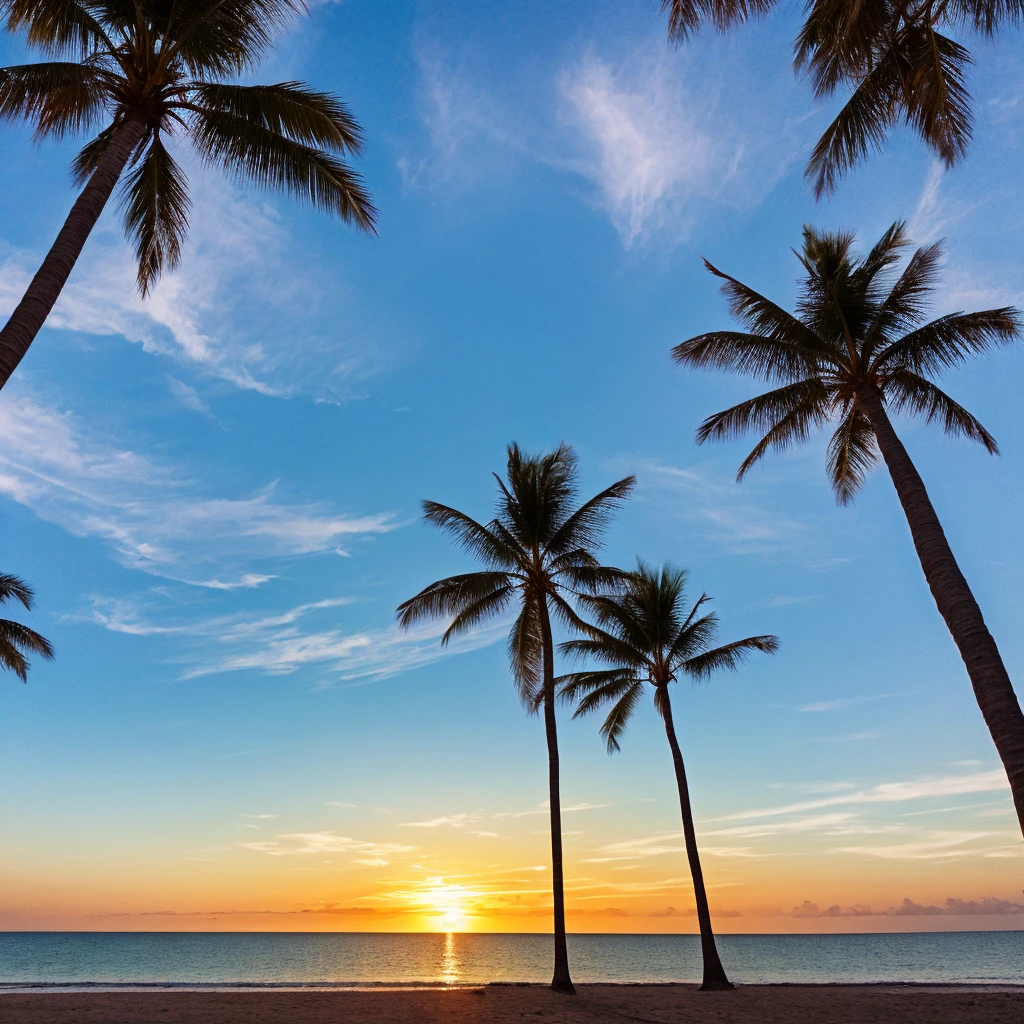 (bright, vibrant, colorful) sky, (soft, pastel) color tones, (fluffy, cotton-like) clouds, (gentle, warm) sunlight, (peaceful) atmosphere, (serene) horizon, (calm) seascape, (tranquil) beach, (silhouetted) palm trees, (distant) mountains, (subtle, dreamy) haze, (beautifully) blended colors, (delicate) brushstrokes, (ethereal) lighting, (impressionistic) style, (subdued) reflections, (harmonious) color palette