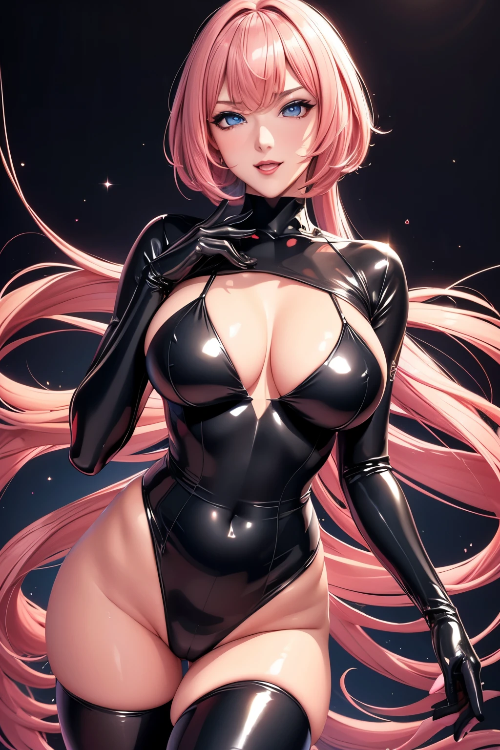 best quality, 32k, RAW photo, incredibly absurdres, extremely detailed, cool beauty, wearing seamless black shiny body rubber suit, glossy pink hair, amorous expression, lewd expression, slender, great proportion, professional lighting