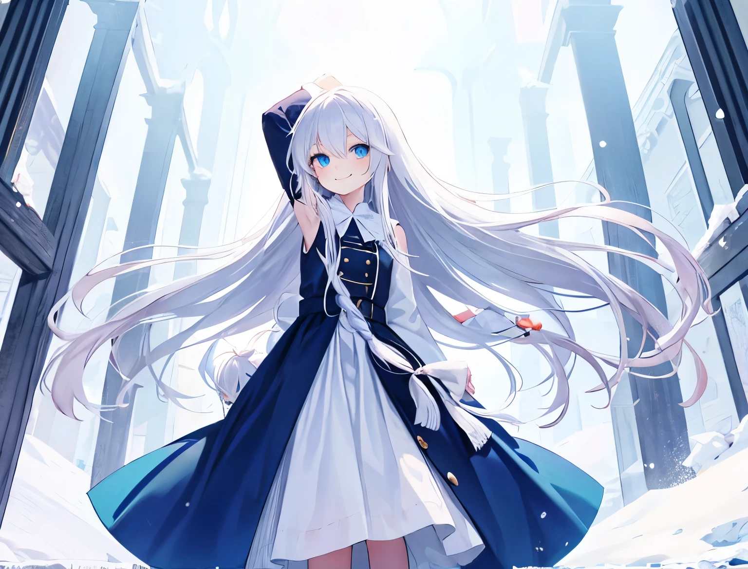 1girl, child, very long white hair, bright blue eyes, smiling, standing in a white world, hair flowing, arms behing back,