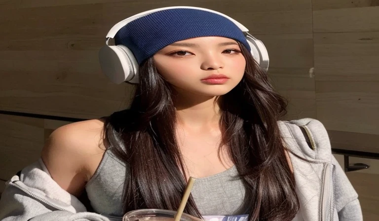 arafed woman usando fones de ouvido and drinking a drink, com fones de ouvido, com fones de ouvido, Xisionwu, gongbi, linda mulher sul-coreana, Sha Xi, parque roseanne de blackpink, linda jovem coreana, Menina coreana, Lulu Chen, gema chen, wenfei you, Heonhwa Choe, usando fones de ouvido, jaeyeon nam, xianxia de corpo inteiro