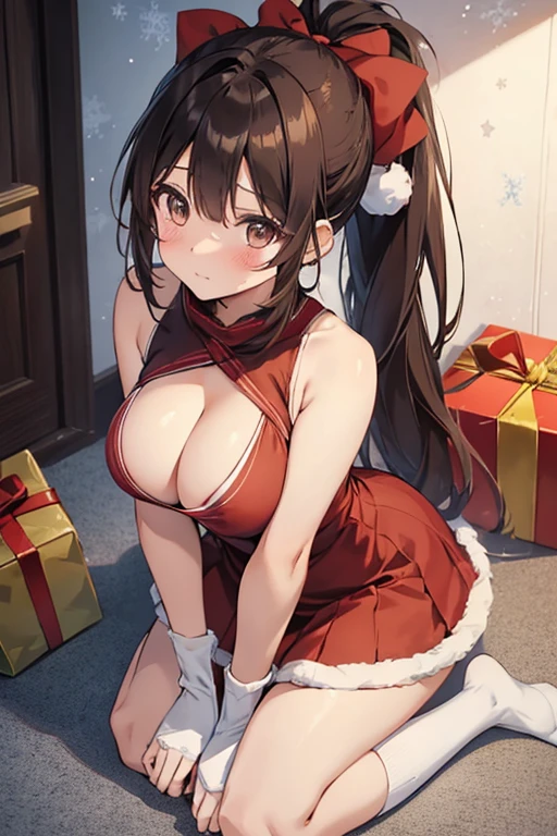 "anime girl, 1 person, dark brown hair, ponytail, ponytail, tied hair, brown eyes, socks, santa hat,  red dress, big breasts, blushing, full body, snowfall, christmas gift box, christmas, solo, front view, (full HD 4K+ image)",big boobs , see through boobs, open boobs