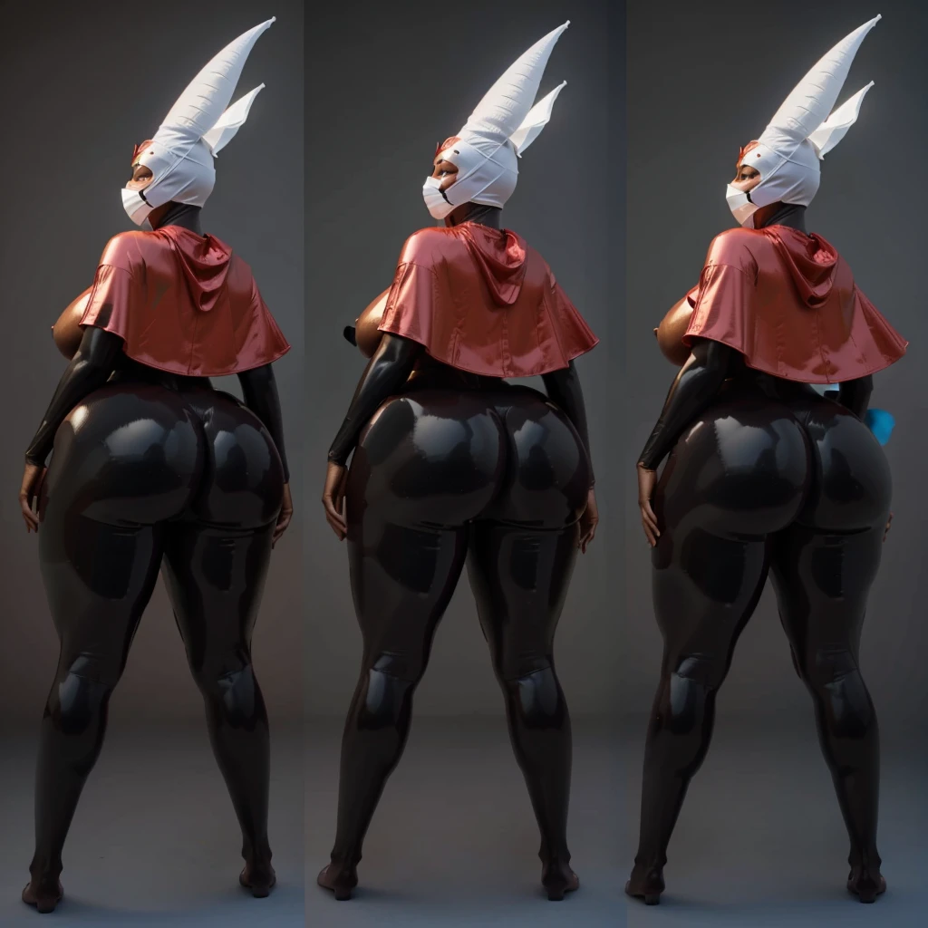 a close up of three naked black skinned african womans with a big ass and a red capes and with a large white masks on his heads, with their backs to the camera showing their naked butts, thicc, females womans is in her natural pose, black latex perfect body sculpt, full body shot hyperdetailed, hyperrealistic full figure, super scale rendered, insanely inflated hips,perfect body, highest quality, work of art, perfect body, curvy woman, masterpiece, naked woman, realistic shaded perfect bodys, highly detailed character, full characters bodys, full bodys render, extra detailed body, heavy shading