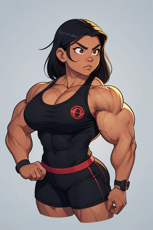 a striking Asian muscle woman with an imposing presence with facial features that are bold and determined, complemented by intense eyes that reflect both confidence and a hint of mischief. flexing muscles wearing red muscle shirt and black short shorts, her hair straight, jet-black flowing down her back, adding to the dynamic aura she carries, muscle woman, big muscles, huge muscles, massive muscles, muscle girl, light skin,