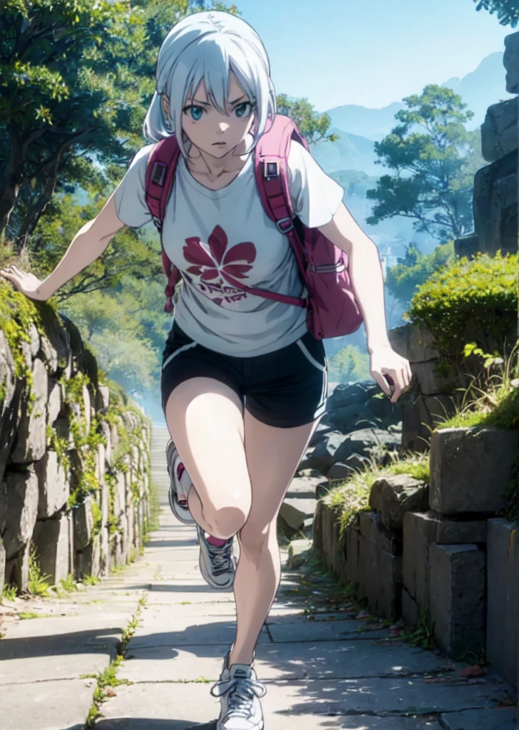 This illustration depicts a casual, anime-inspired girl walking briskly down a steep hillside path in a dramatic scene. The style combines manga aesthetics with photorealistic rendering. Use smooth, detailed textures and radiant lighting to bring out the intensity of her stride and sense of urgency. Portray the girl in casual, everyday clothes like a t-shirt, shorts and sneakers, with a backpack slung over her shoulder. Use a close-up composition focused on the character hurrying down the sloped path. The background should be green hills and trees in a park or abstract shapes. Unify the realistic quality and lighting across styles from artsy to psychedelic. Bring together luminous lighting, crisp shadows, and lifelike materials for visual cohesion. Aim for lively, radiant colors that complement the character's clothing and environment.  