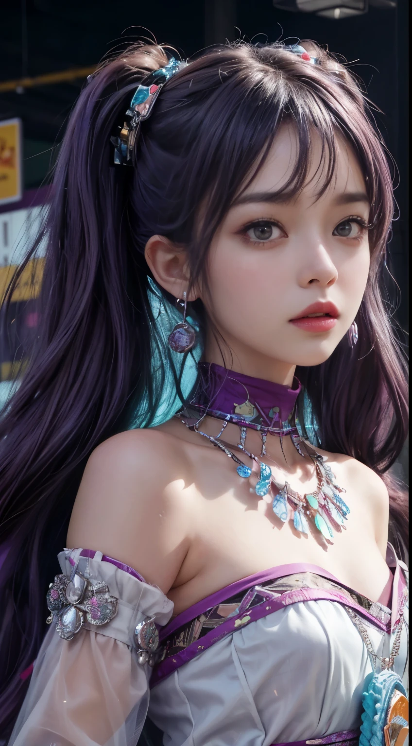 (disorganized, High resolution, Super detailed), (1 girl:1.3), twin tails, purple hair, break , glitch art, digital distortion, pixelated fragment, Data corruption, colorful noise, visual chaos, contemporary aesthetics break , enamel art, glass-like surface, Bright colors, Glossy finish, reflective texture, rich pigments, fluid forms break , ethnic style, Traditional costume, vivid pattern, handmade textiles, cultural motifs, beaded jewelry, artisan accessories