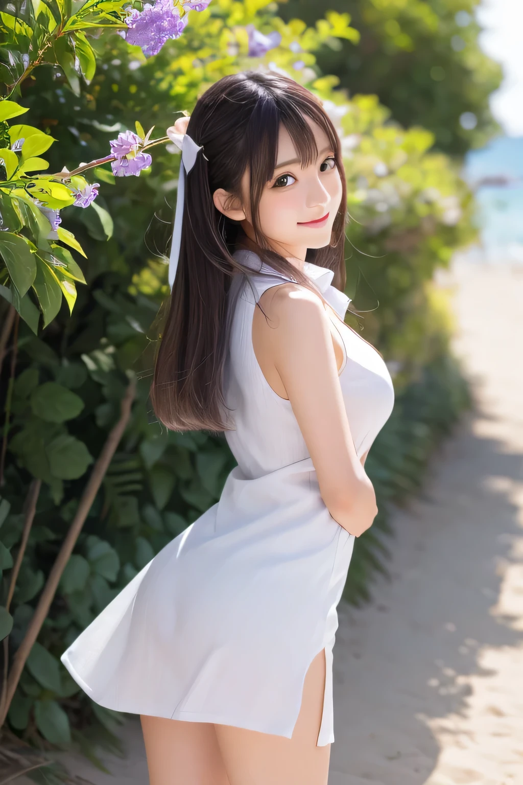 on the table, best quality, illustration, Super detailed, fine details, high resolution, 8k wallpaper, Perfect dynamic composition, Beautiful and delicate eyes,whole body摄影,show your whole body、Vest, suit, Pencil miniskirt, White shirt,s、long gray hair, Bold sexy pose,Smile,Harajuku、20 year old girl、huge :1.5、Look at the sexy shots of the camera, whole body, Rear view、Holding a bouquet of flowers、standing at the beach