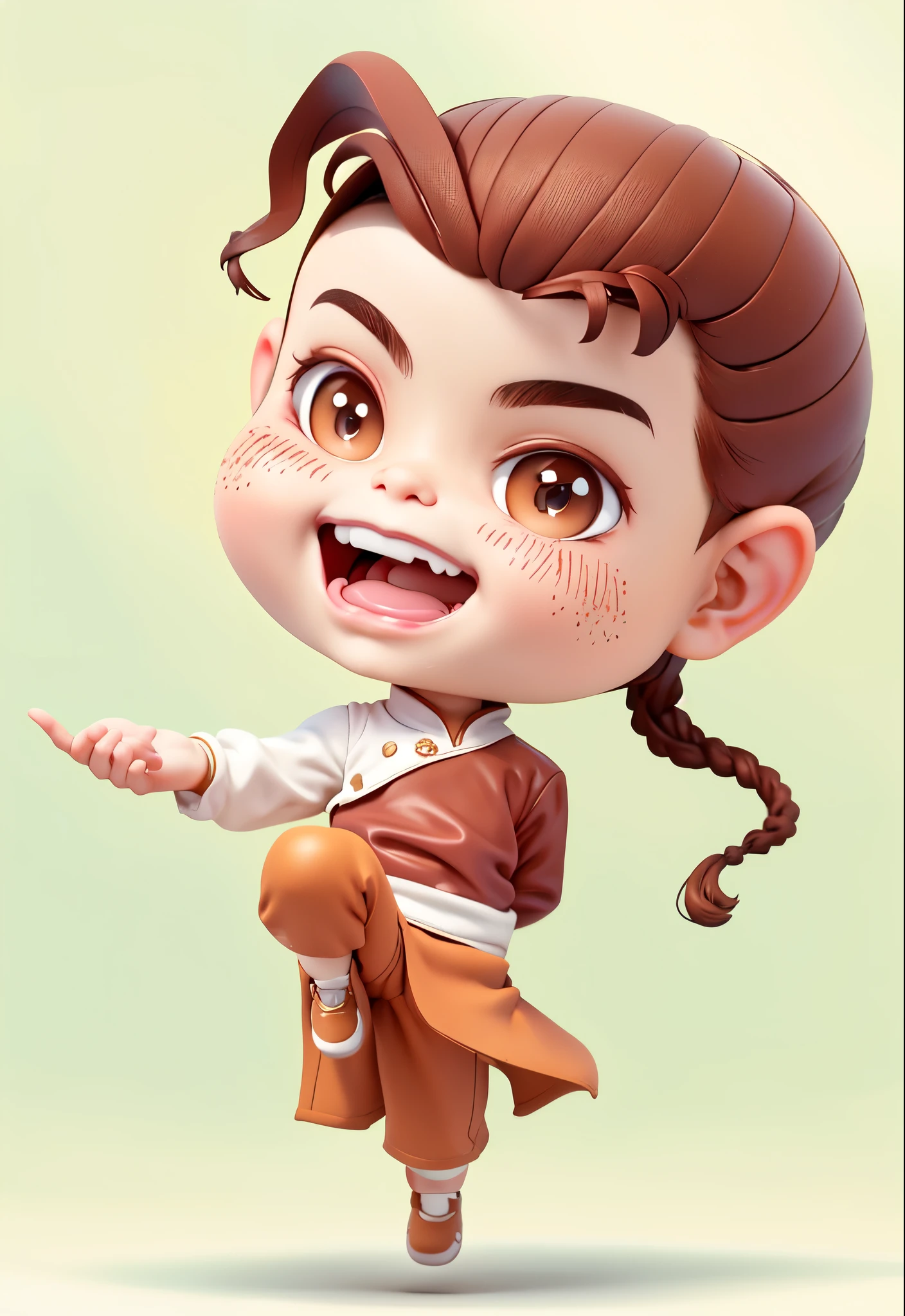 (Masterpiece), (Best Quality), (Ultra Detailed), (Full Body: 1.2), Chibi, Cute, Morning Light, White Background, Front View, Bokeh, Supersaturated, Surreal, Digital Art, Art Station, A boy with dark brown hair, braids, brown eyes, laughing and revealing his teeth, red clothes, brown pants
