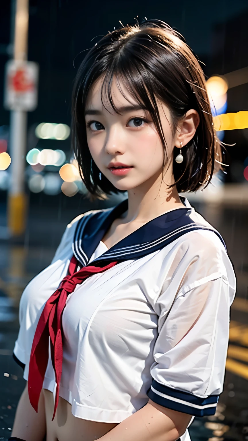 (masterpiece, highest quality:1.2), 8K, official art, RAW photo, incredibly absurd, (Upper body, sailor suit, serafuku:1.4), beautiful girl, 18-year-old、cute face, arch back, navy pleated skirt, close, Soaked school uniform, short sleeve, gardenia, violaces, Ten generations, street, looking at the viewer, film grain, chromatic aberration, sharp focus, face light, dynamic lighting, cinematic lighting, detailed eyes and face, background bokeh, (1 dark red bow tie:1.2)、(heavy rain、dark sky:1.5)、one girl、blush、look at the viewer、(huge breasts:1.2)、Drenched hair、wet face,wet skin、wet body、wet costume、flower、hairpin、necklace、earrings、Depth of bounds written、尖ったred mouth、red mouth,clavicle、beautiful fingers、Loosen your tie、cute wet face、Wet clothes that stick to your chest、Wet and see-through clothes、short hairstyle
