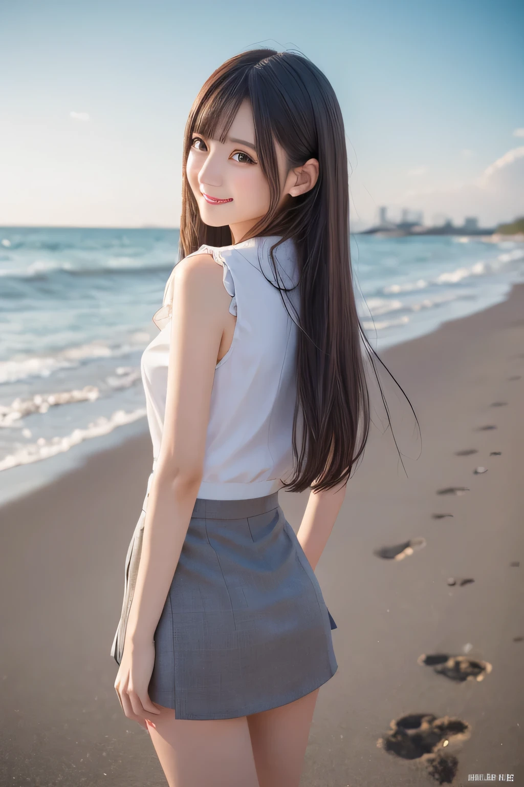 on the table, best quality, illustration, Super detailed, fine details, high resolution, 8k wallpaper, Perfect dynamic composition, Beautiful and delicate eyes,whole body摄影,show your whole body、Vest, suit, Pencil miniskirt, White shirt,s、long gray hair, Bold sexy pose,Smile,Harajuku、20 year old girl、huge :1.5、Look at the sexy shots of the camera, whole body, Rear view、Holding a bouquet of flowers、standing at the beach