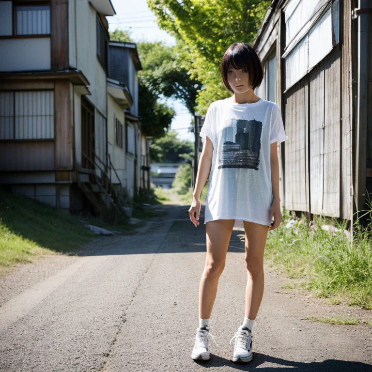 A Japanese Lady, look at viewr, ((very Short hair)), ((skinny:1.3)), 27-years old . day, Outdoors, Post-apocalypse, Ruins,, full body, ((see-through t-shirt)),