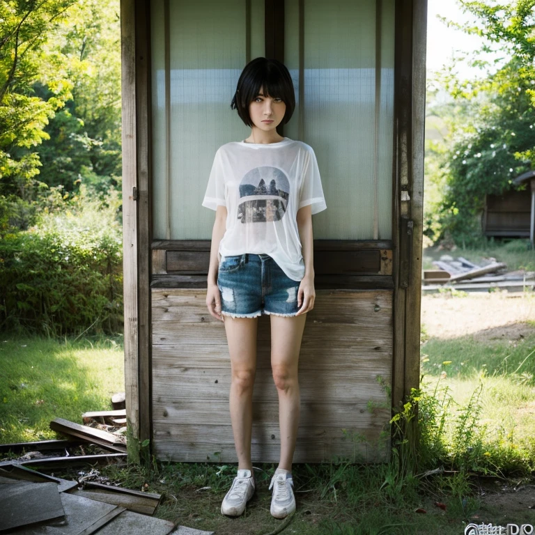 A Japanese Lady, look at viewr, ((very Short hair)), ((skinny:1.3)), 27-years old . day, Outdoors, Post-apocalypse, Ruins,, full body, ((see-through t-shirt)),