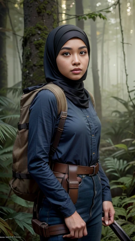 RAW, Best quality, high resolution, masterpiece: 1.3), beautiful Malay woman in hijab (iu: 0.8), best quality, high resolution, Masterpiece: 1.3, Beautiful hijabi Malay girl, Masterpiece, Soft smile, Realistic, 1 girl, charming eyes, glowing eyes,parted lips, Beautiful adult woman in hijab, full-body, hunter of mysterious creatures, observing the creature, in ambush, studying the creature found, with a large rucksack, in explorer attire, holding a machete, many pockets, many belts, everything is hung with gadgets, catches small mysterious creatures, hunts small creatures, mysterious forest, beautiful forest, nature surrounded by flora, tender leaves and branches surrounded by fireflies (natural elements), (jungle theme), (leaves), (branches), (fireflies), (particle effects), (ray of light), etc.3D Octane rendering, ray tracing, super-detailed viewer, closeup