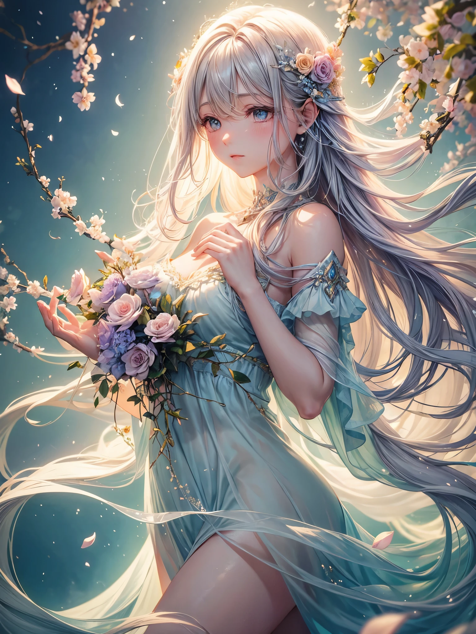 soft lighting, dreamy atmosphere, ethereal aesthetic, fantasy theme, nature elements, floral background, delicate details, flowing hair, whimsical pose, vibrant colors, flower petal falling