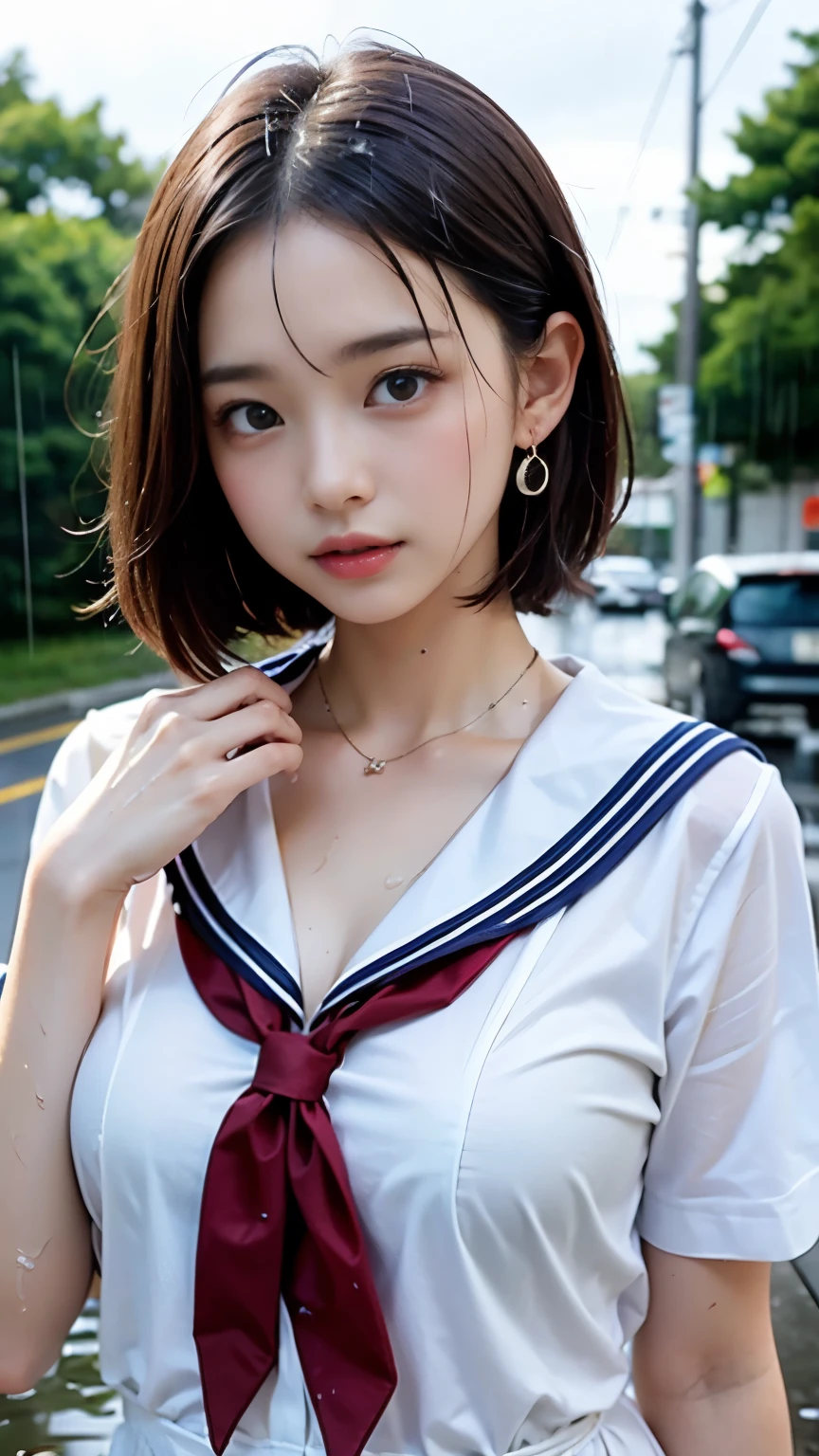 (masterpiece, highest quality:1.2), 8K, official art, RAW photo, incredibly absurd, (Upper body, sailor suit, serafuku:1.4), beautiful girl, 18-year-old、cute face, arch back, navy pleated skirt, close, Soaked school uniform, short sleeve, gardenia, violaces, Ten generations, street, looking at the viewer, film grain, chromatic aberration, sharp focus, face light, dynamic lighting, cinematic lighting, detailed eyes and face, background bokeh, (1 dark red bow tie:1.2)、(heavy rain、dark sky:1.5)、one girl、blush、look at the viewer、(huge breasts:1.2)、Drenched hair、wet face,wet skin、wet body、wet costume、flower、hairpin、necklace、earrings、Depth of bounds written、尖ったred mouth、red mouth,clavicle、beautiful fingers、Loosen your tie、cute wet face、Wet clothes that stick to your chest、Wet and see-through clothes、short hairstyle