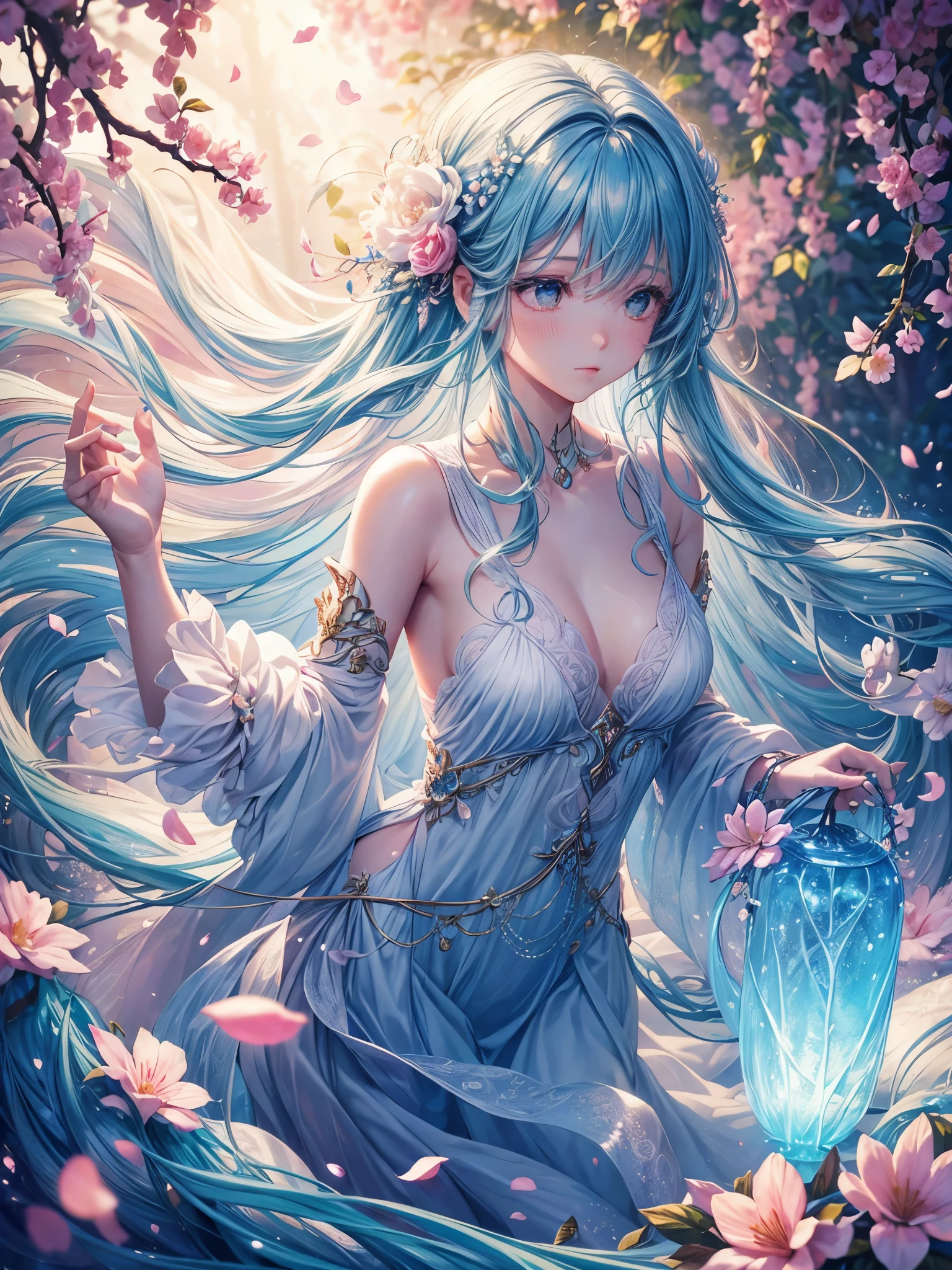 soft lighting, dreamy atmosphere, ethereal aesthetic, fantasy theme, nature elements, floral background, delicate details, flowing hair, whimsical pose, vibrant colors, flower petal falling