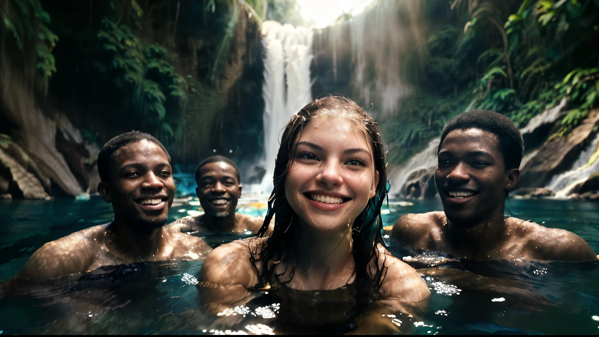 (cinematic long shot), ((a smiling Sasha Barrese a 18-years-old woman)), (((she is swimming near a jungle waterfall))) (((surrounded by smiling-black-men looking at her)))