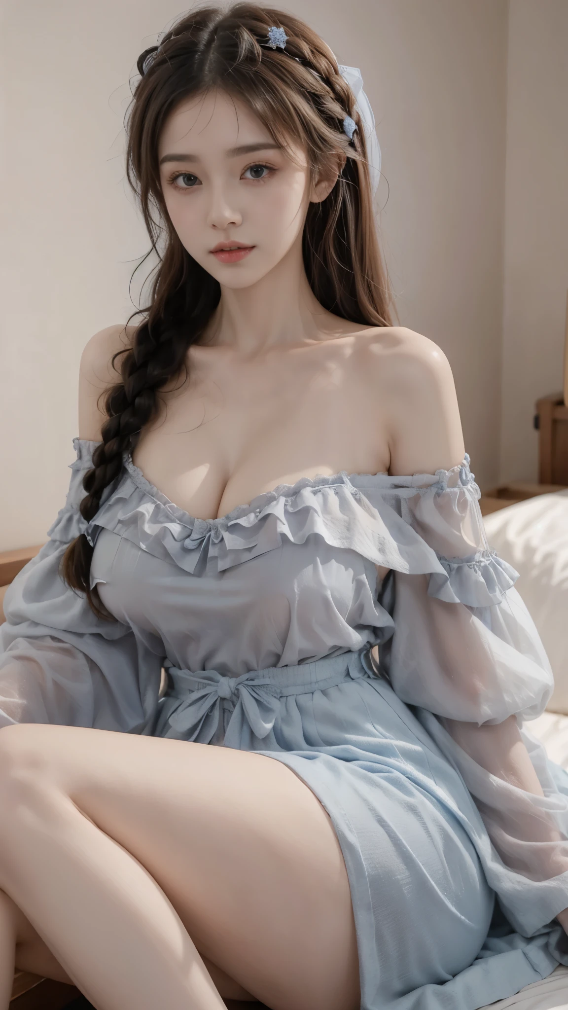 A cute girl with pale white skin and blue eyes in a pretty blue dress ((off the shoulder))lying on the bad, huge breast((OVERFLOWING BREAST)), Overflowing breast , big boobs, long hair ((BRAIDS HAIR)), very large breasts,((very huge breast, very huge chest, very huge boobs)),large buttocks, small waist. Lying in front of camera, Full body , badroom, ((OFF THE SHOULDER TOP))breasts that are so big they pop out of their sockets