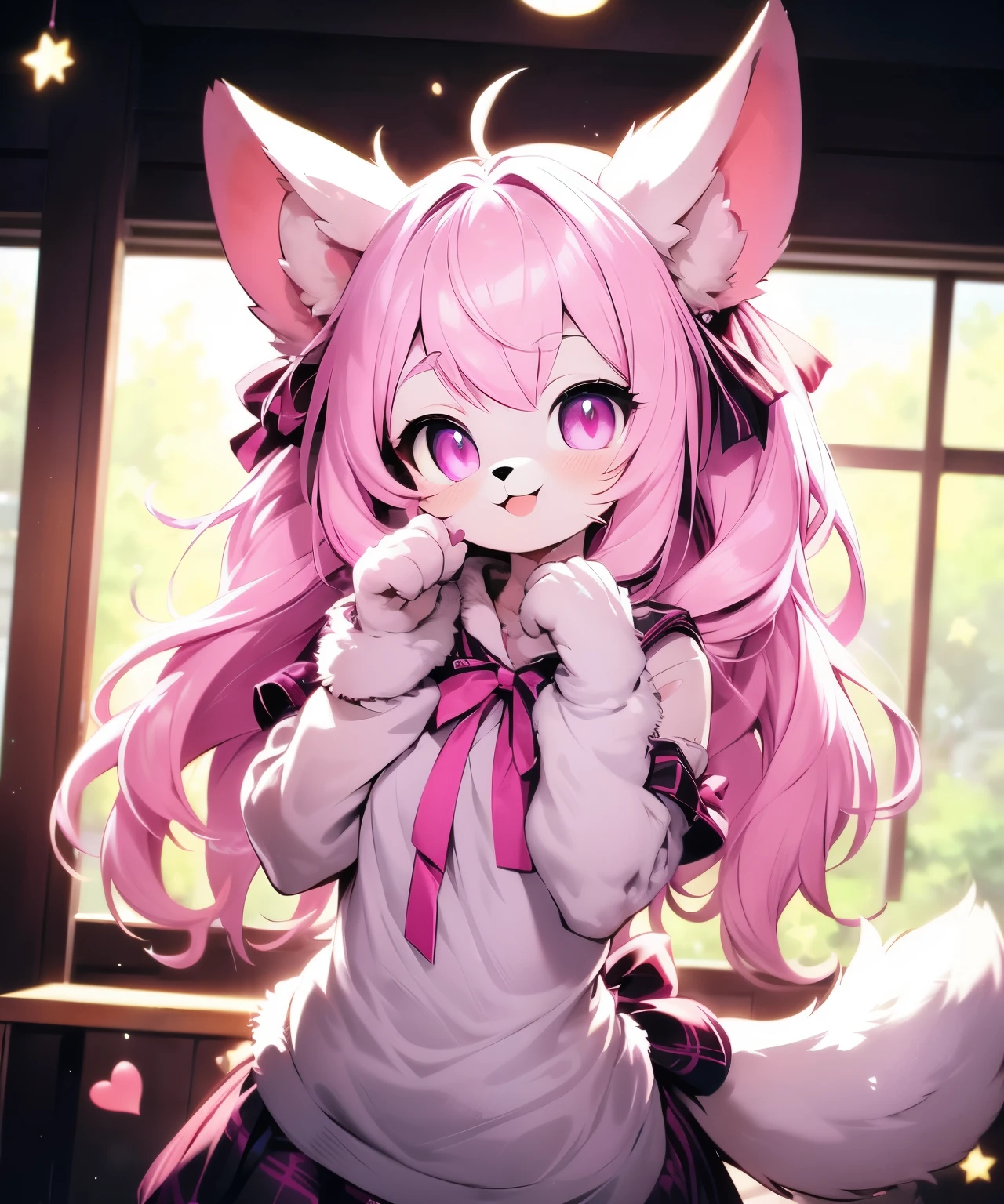 Furry cat girl, body hair, animal ears, tail, naked, looking at the viewer,smile,Heart Pose,Cute room in pink,pink gothic room,heart item,ribbon,star item,Are standing, Upper body,