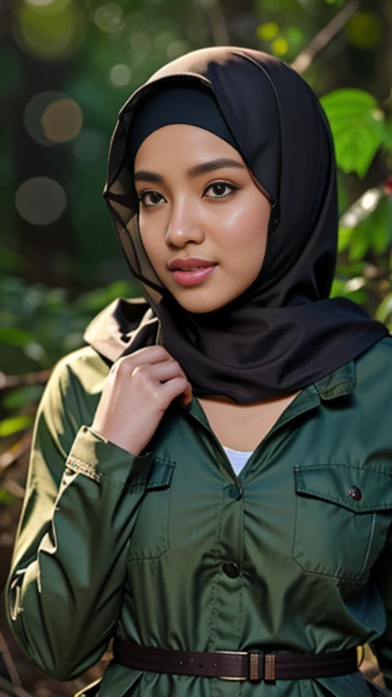 RAW, Best quality, high resolution, masterpiece: 1.3), beautiful Malay woman in hijab (iu: 0.8), best quality, high resolution, Masterpiece: 1.3, Beautiful hijabi Malay girl, Masterpiece, Soft smile, Realistic, 1 girl, charming eyes, glowing eyes,parted lips, Beautiful adult woman in hijab, full-body, hunter of mysterious creatures, observing the creature, in ambush, studying the creature found, with a large rucksack, in explorer attire, holding a machete, many pockets, many belts, everything is hung with gadgets, catches small mysterious creatures, hunts small creatures, mysterious forest, beautiful forest, nature surrounded by flora, tender leaves and branches surrounded by fireflies (natural elements), (jungle theme), (leaves), (branches), (fireflies), (particle effects), etc.3D Octane rendering, ray tracing, super-detailed viewer, closeup