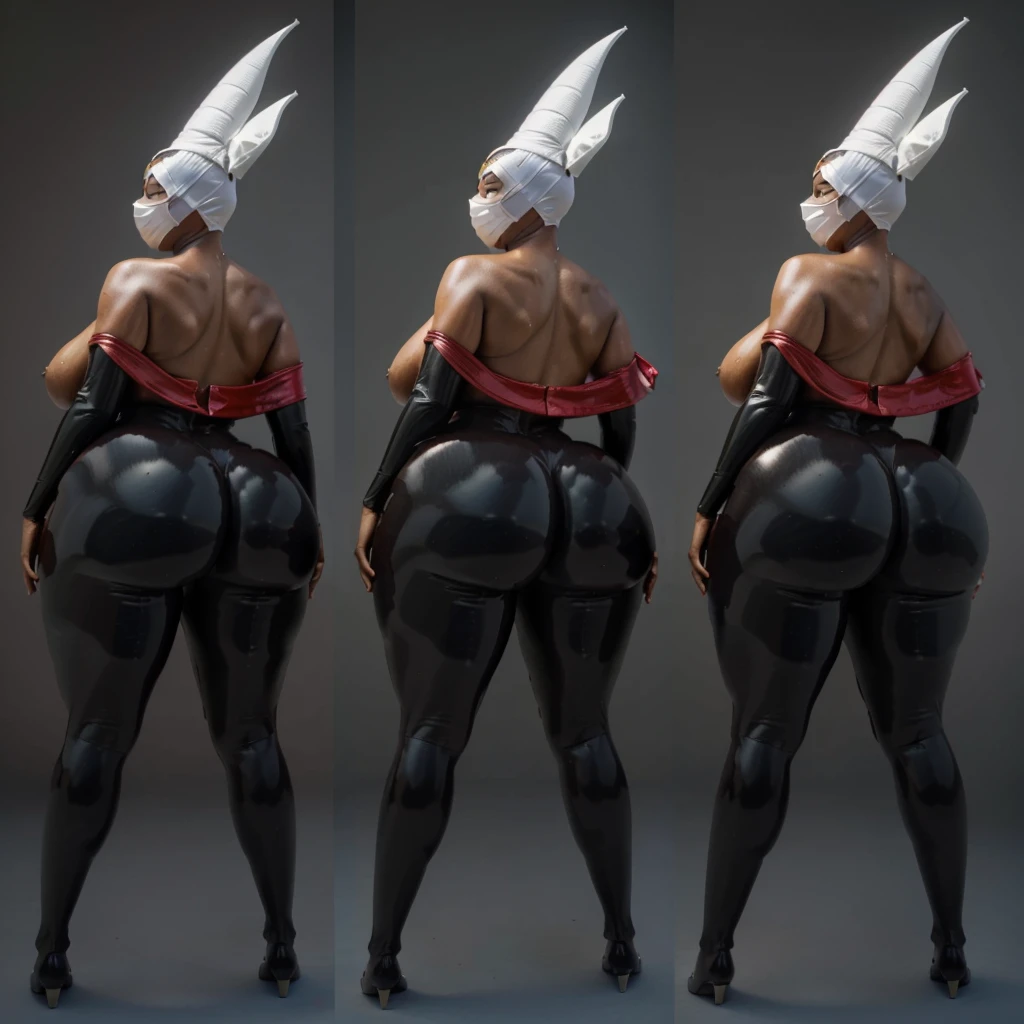 a close up of three naked black skinned african womans with a big ass and a red capes and with a large white masks on his heads, with their backs to the camera showing their naked butts, thicc, females womans is in her natural pose, black latex perfect body sculpt, full body shot hyperdetailed, hyperrealistic full figure, super scale rendered, insanely inflated hips,perfect body, highest quality, work of art, perfect body, curvy woman, masterpiece, naked woman, realistic shaded perfect bodys, highly detailed character, full characters bodys, full bodys render, extra detailed body, heavy shading