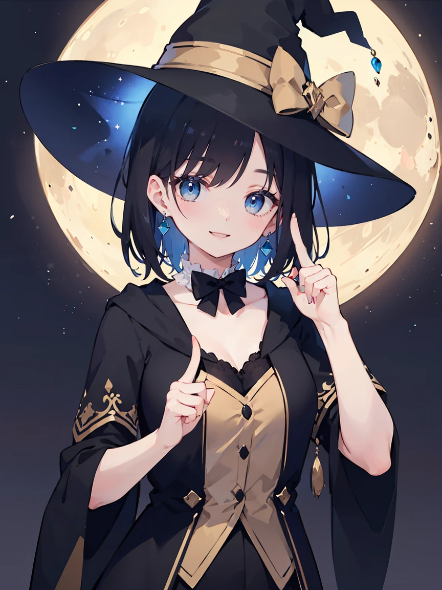 1girl, solo, looking at viewer, upper body, medium hair, light black hair color, background of fantasy, enchanted forest, moonlit night, wizard, witch hat, standing, medium breasts, put index finger on mouth, one eye closed, collarbone, bowtie,