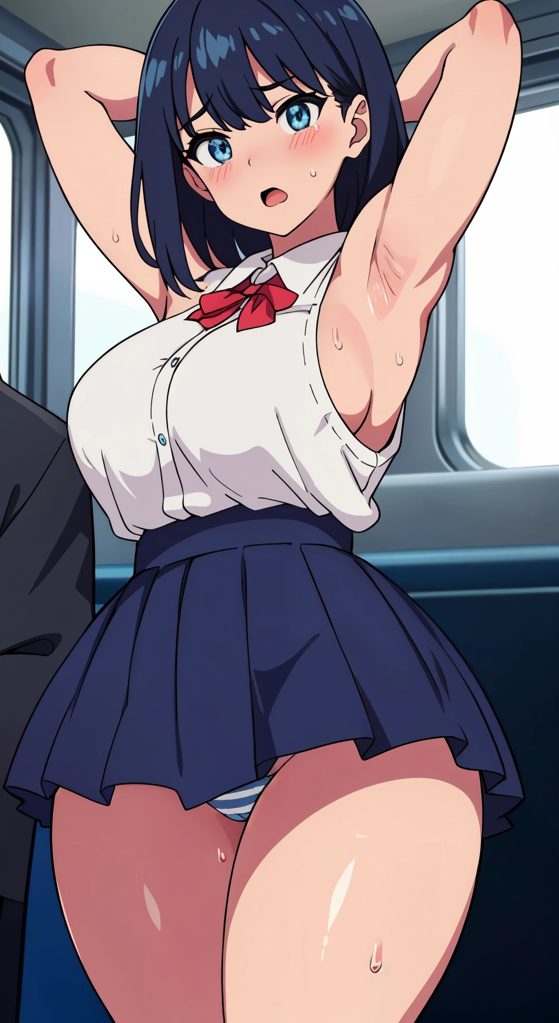 (perfect body),highest quality,16k、Masseter muscle part、((NSFW))、(((blush)))、((((embarrassing))))、:o、((((surprised))))、Are crying、Treefe○lumes、parted bangs、(blue eyes),((dark blue hair)),(Sweat)、(big ass)、huge breasts、swollen nipples、((thick thighs))、school uniform、white shirt、navy blue mini skirt、skirt lift、(Blue Striped Panties)、legs spread、hands behind head、both armpits、(Inside the train)、Rear view、fuck from behind、back