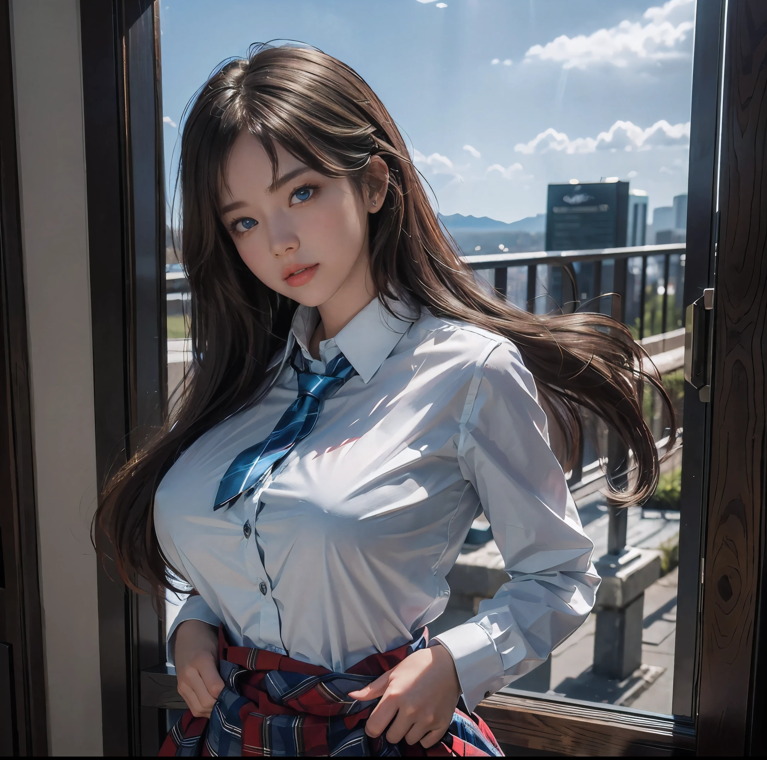 Highest image quality、8K quality、masterpiece、professional writing、(two women are standing facing each other:1.2)、(Super big breasts compressed with clothes:1.3)、Whitening skin、Shining blue eyes、(A tight pure white shirt that completely covers her huge breasts:1.4)、Crimson Ribbon Tie、Amazingly short super mini pleated tartan check skirt、(The upper body is hidden by the shirt and no skin is visible.:1.5)、(constricted waist:1.2)、on lap、Skirtliftv1、(butt:1.3)
