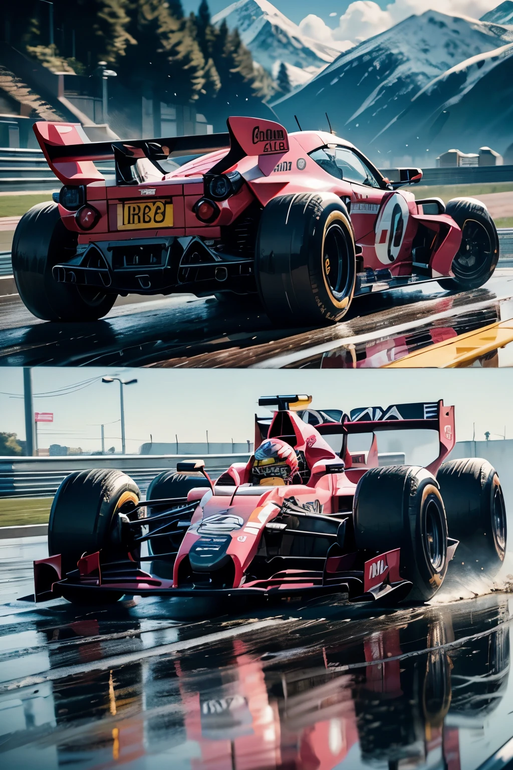 (Top Quality, Animation, Cinematic), A pug-type dog sitting confidently on the fast-driving F1 car bonnet made of LEGOs, cartoony and animated style, pink color theme, intricately detailed LEGO design, expressive and lively dog facial features, wind blowing through its wrinkles, vibrant pink LEGO car with racing stripes and detailed engines, cinematic camera angle capturing the action from various angles, cartoonish sound effects, ultra-detailed textures of the LEGO bricks, realistic reflections of the car's body in the puddles on the track, animated expressions of surprise and excitement on the dog's face.