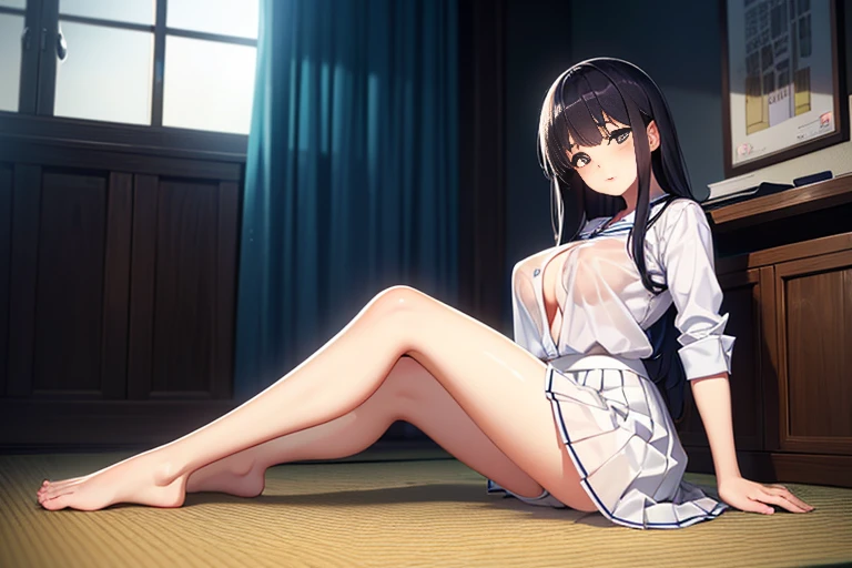 masterpiece, highest quality, 8K, RAW photo, 
1 beautiful Japanese girl, , cute face, (haircut of uniform length:1.2), (one length), Beautiful shiny black hair, straight hair, Clear white skin, pale skin, realistic skin, composed expression, Japanese High School Uniforms, (long pleated check skirt), ((show off nipples under white shirt)), no bra, in the classroom, ((full body to the toes)), She is barefoot, beautiful long legs, sitting on the floor, angle from below, Beautiful Whip thighs, white panties is visible,
The room is dimly lit, evening, dusk, magic hour, 