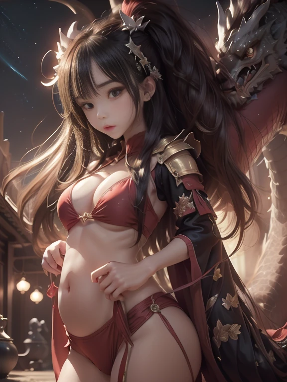 Create high-definition 8K. 3D CGI featuring a girl and a dragon, fantasy artwork、((1 princess))、The girl is facing forward with a serious expression, Bright blue eyes, highly detailed facial features. she is wearing a cloak, Small black armor with high contrast shine, toned abdominal muscles、toned thighs、long legs、Protected by armor up to the knees、Belly button look、her hair is rendered in a very realistic manner、 The background is a castle,and set in a night sky filled with bright stars. Enhance fantasy elements、The huge western dragon in the background has large symmetrical wings.。((The background of the princess is a western dragon and a starry sky.))、(((The princess holds a large, shining sword in her hand.)、the princess has a dragon at her side))、
This artwork embodies the detailed anime art style, Similar to Artgerm's ArtStation and Pixiv works. (The girl is depicted as the queen of dragons in the fantasy world of anime.), Combines elements of both anime and fantasy art, girl with big blue eyes、Western dragon protects the princess from behind、looking at the enemy with a sharp gaze、((A black dragon with a short body, red eyes and thick tail is clearly visible in the background))、(nsfw:1.3),