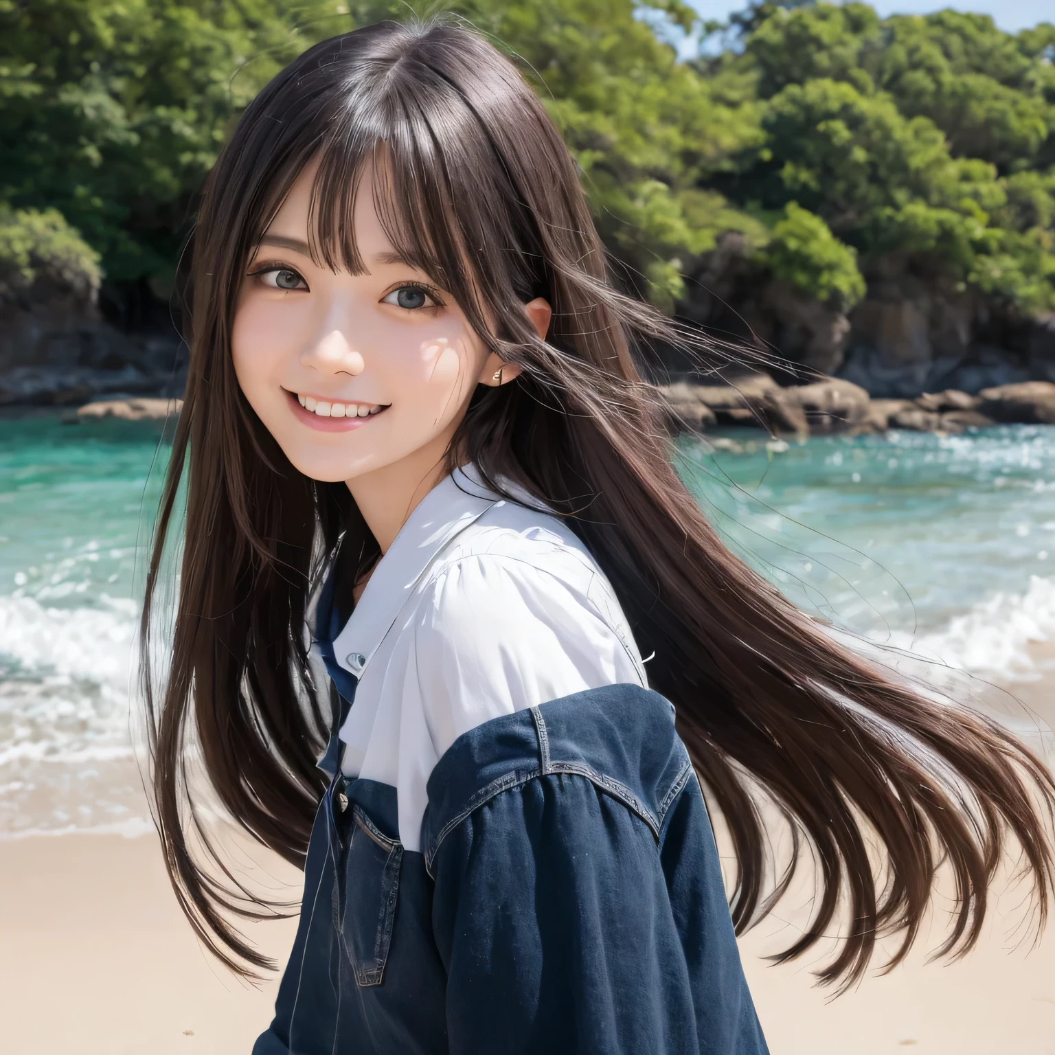 on the table, best quality, illustration, Super detailed, fine details, high resolution, 8k wallpaper, Perfect dynamic composition, Beautiful and delicate eyes,whole body摄影,show your whole body、collared shirt、long gray hair, Bold sexy pose,Smile,Harajuku、20 year old girl、huge :1.5、Look at the sexy shots of the camera, whole body, Rear view、Holding a bouquet of flowers、standing at the beach