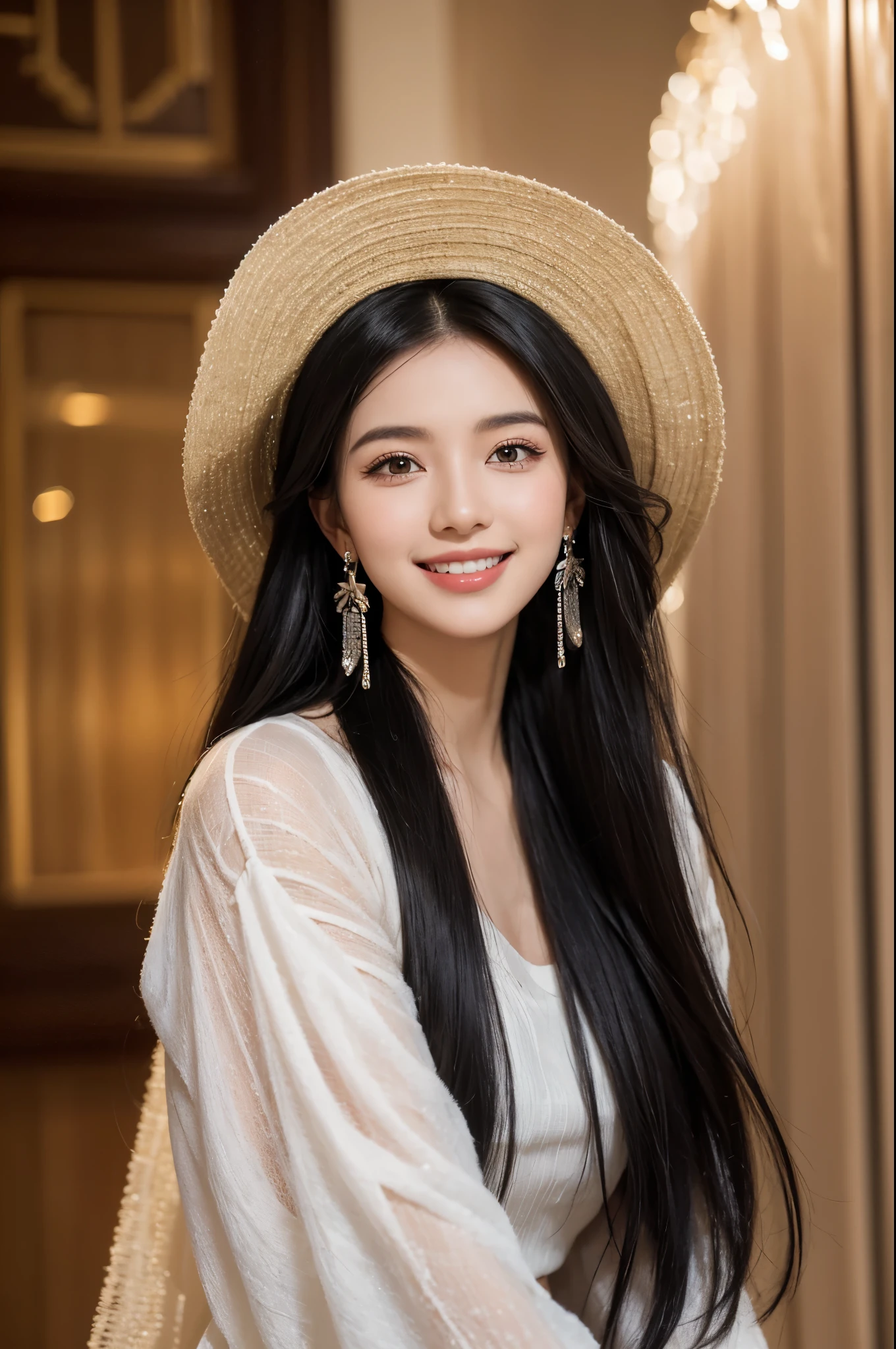 black hair, asymmetrical hair, long hair, hair ornament, earrings, smile, light smile, modern, Romanticism, high detail, cowboy shot, f/1.2, UHD, masterpiece, textured skin, ccurate, 4K