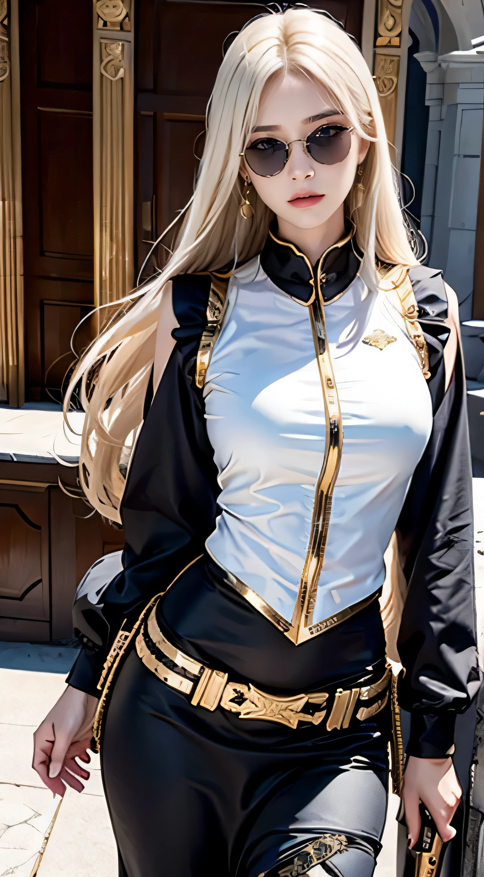 realistic, High resolution, 1 female, alone, sexy,golden white straight hair、 hip up, show viewer, (detailed face), Swat Vest, gun, jewelry,Wearing Ravan sunglasses