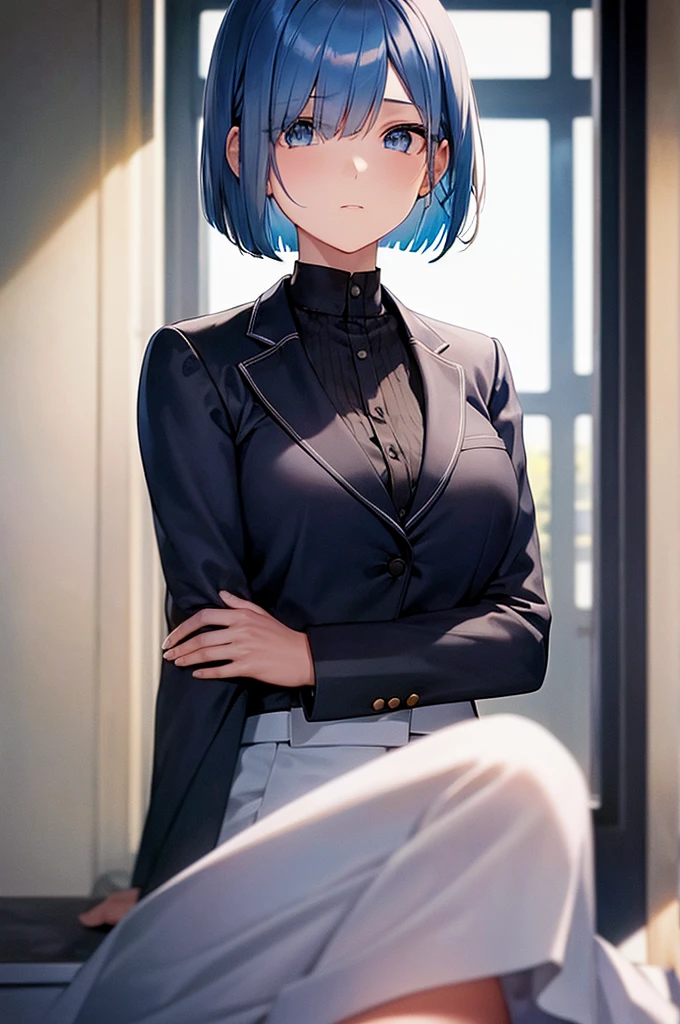 beautiful girl high school girl Beautiful blue bob cut He wears a black blazer over his white uniform. The location is the classroom It's evening and warm light is shining through the window.