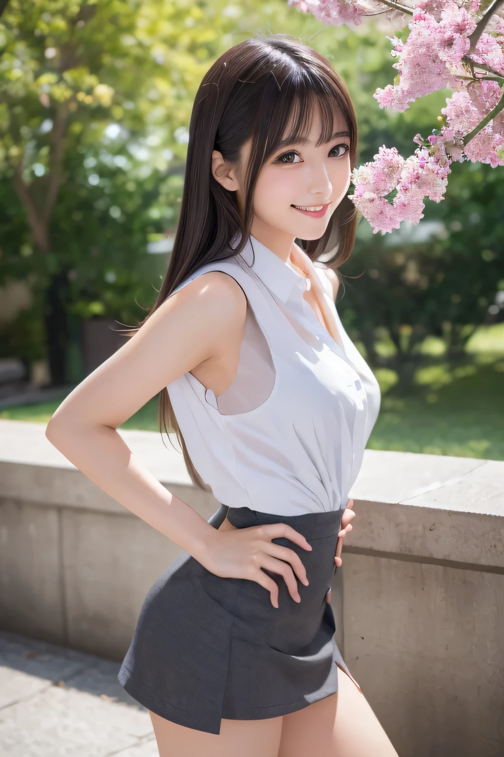 on the table, best quality, illustration, Super detailed, fine details, high resolution, 8k wallpaper, Perfect dynamic composition, Beautiful and delicate eyes,whole body摄影，show your whole body、Vest, suit, Pencil miniskirt, White shirt,s、long gray hair, Bold sexy pose,Smile,Harajuku、20 year old girl、huge :1.5、Look at the sexy shots of the camera, whole body, Rear view、Holding a bouquet of flowers