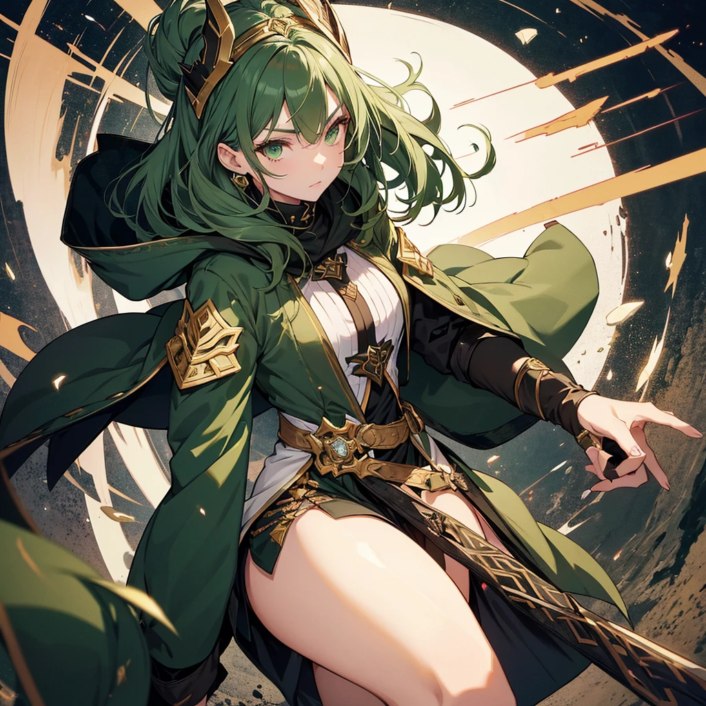 A young girl with fair skin, green eyes, and dark green hair with slightly thick and pointed strands, dressed in a slightly provocative yet warrior-like attire. She wears a revealing outfit with subtle seductive details. Over her attire, she has a coat, but the hood is not placed on her head. The young warrior has a neutral expression, somewhat melancholic, as if she doesn't care about anything or anyone. In her hands, she wields a cylindrical wooden sword as she prepares to attack.