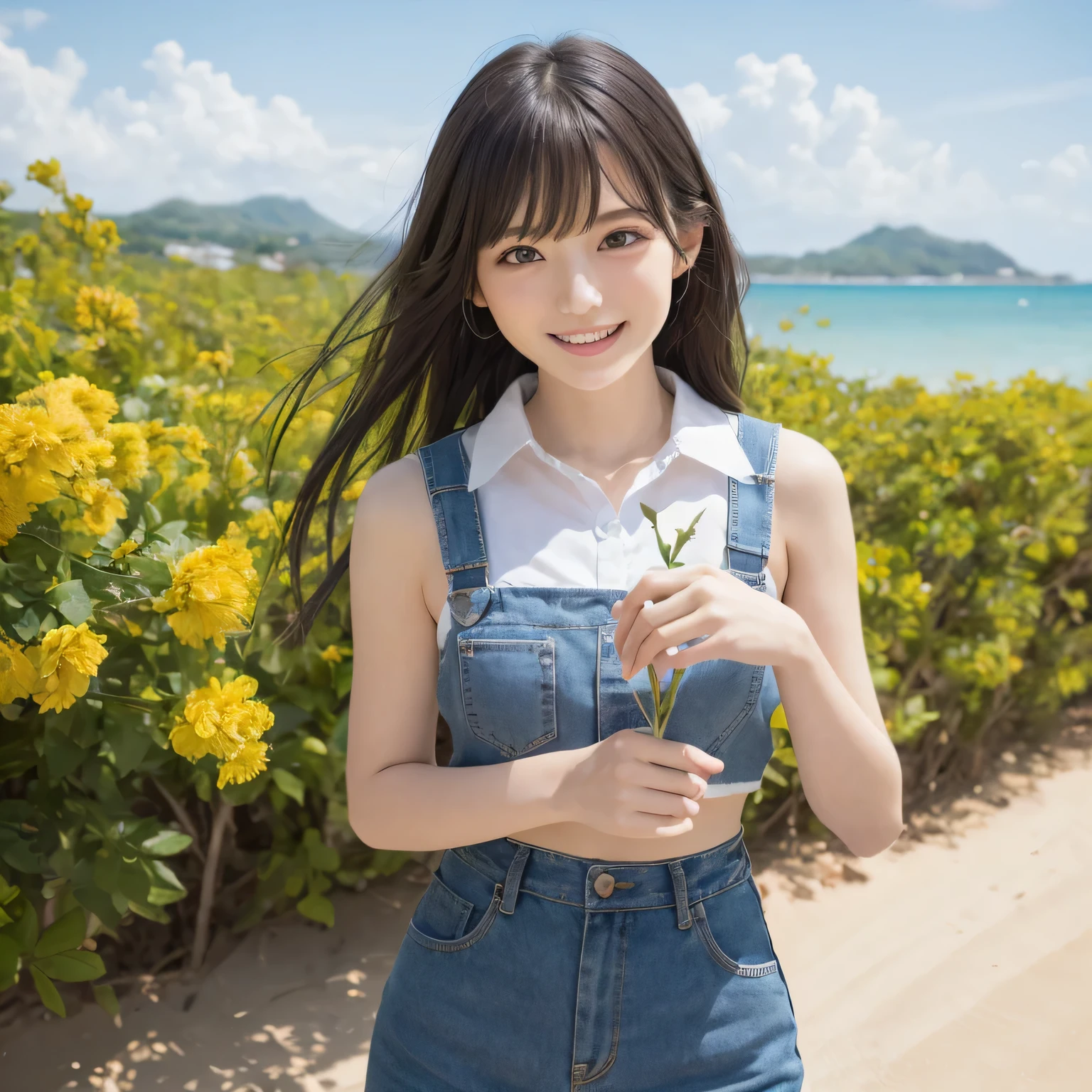 on the table, best quality, illustration, Super detailed, fine details, high resolution, 8k wallpaper, Perfect dynamic composition, Beautiful and delicate eyes,whole body摄影，show your whole body、collared shirt、long gray hair, Bold sexy pose,Smile,Harajuku、20 year old girl、huge :1.5、Look at the sexy shots of the camera, whole body、Holding a bouquet of flowers、standing at the beach