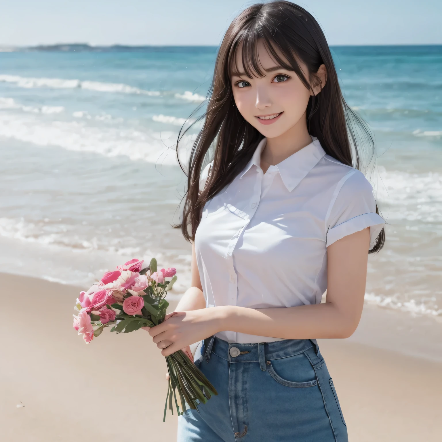 on the table, best quality, illustration, Super detailed, fine details, high resolution, 8k wallpaper, Perfect dynamic composition, Beautiful and delicate eyes,whole body摄影，show your whole body、collared shirt、long gray hair, Bold sexy pose,Smile,Harajuku、20 year old girl、huge :1.5、Look at the sexy shots of the camera, whole body、Holding a bouquet of flowers、standing at the beach