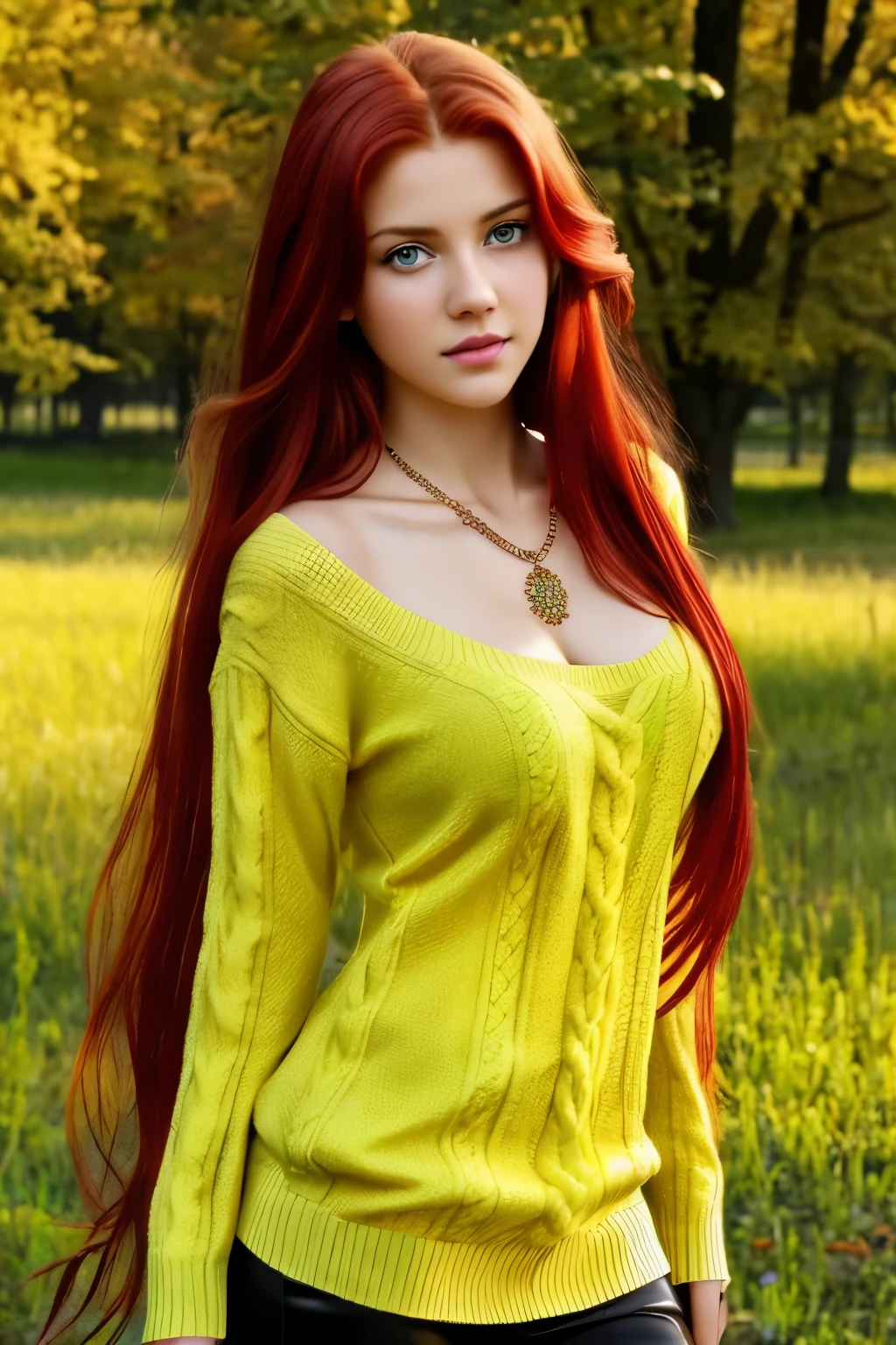 Masterpice, high resolution 4k, 1girl in, age19, Solo, Long hair, Looking at Viewer, red haired , big tits, yellow green eyes, jewely, Full body, a necklace, Sweaters, Realistic, A sexy