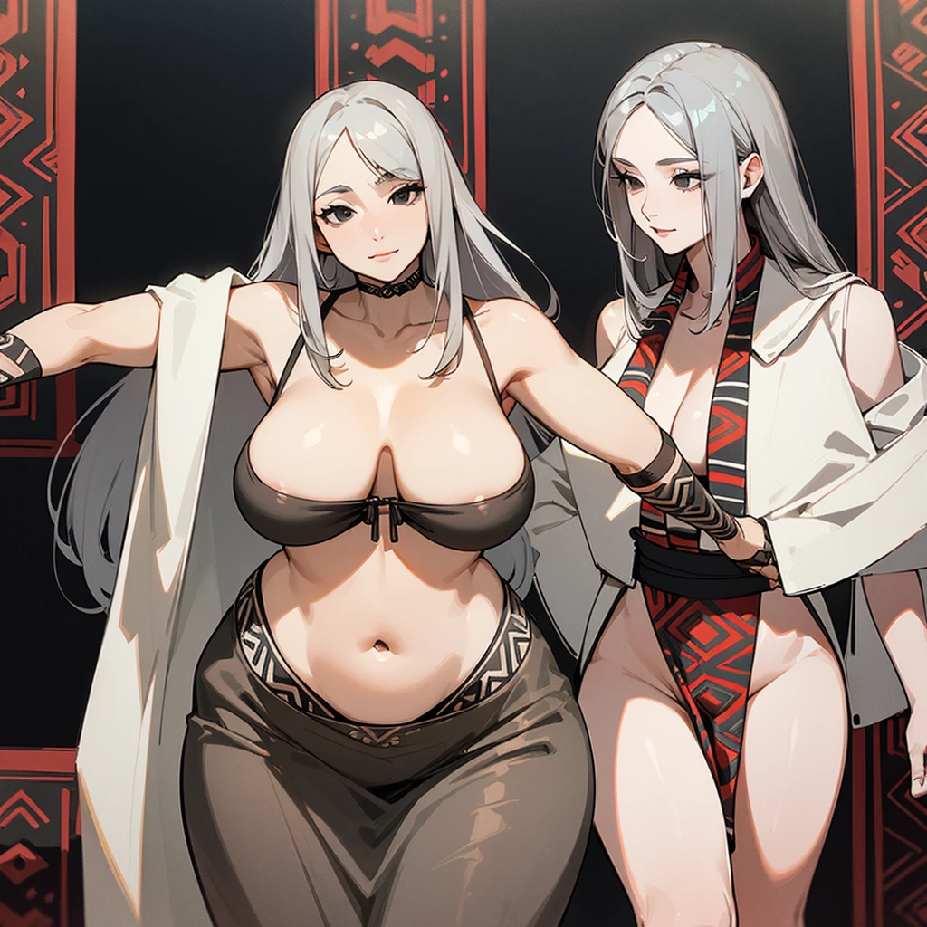 (((Mature Woman))),(((Long Gray hair without bangs))),(((Completely black eyes))),(Normal Curvy Body),(((Tribal clothing)))