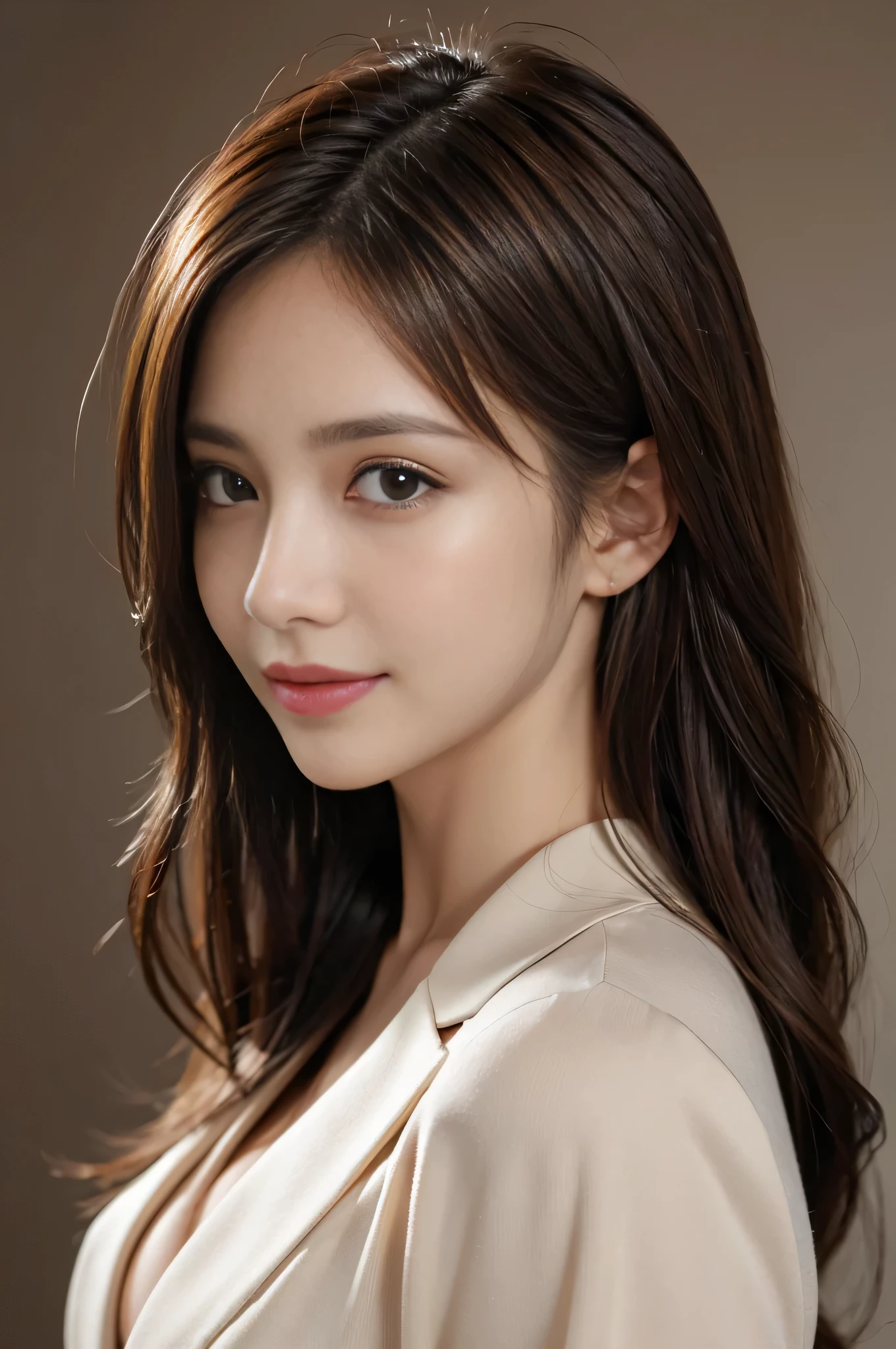 solid color background, best quality, lifelike, super detailed, Exquisite details, high resolution, 8k wallpaper, 1 beautiful woman,, light brown messy hair, wearing a suit, sharp focus, Perfect dynamic composition, beautiful and delicate eyes, fine hair, 细致lifelike皮肤纹理, smiling, closeup portrait, model figure