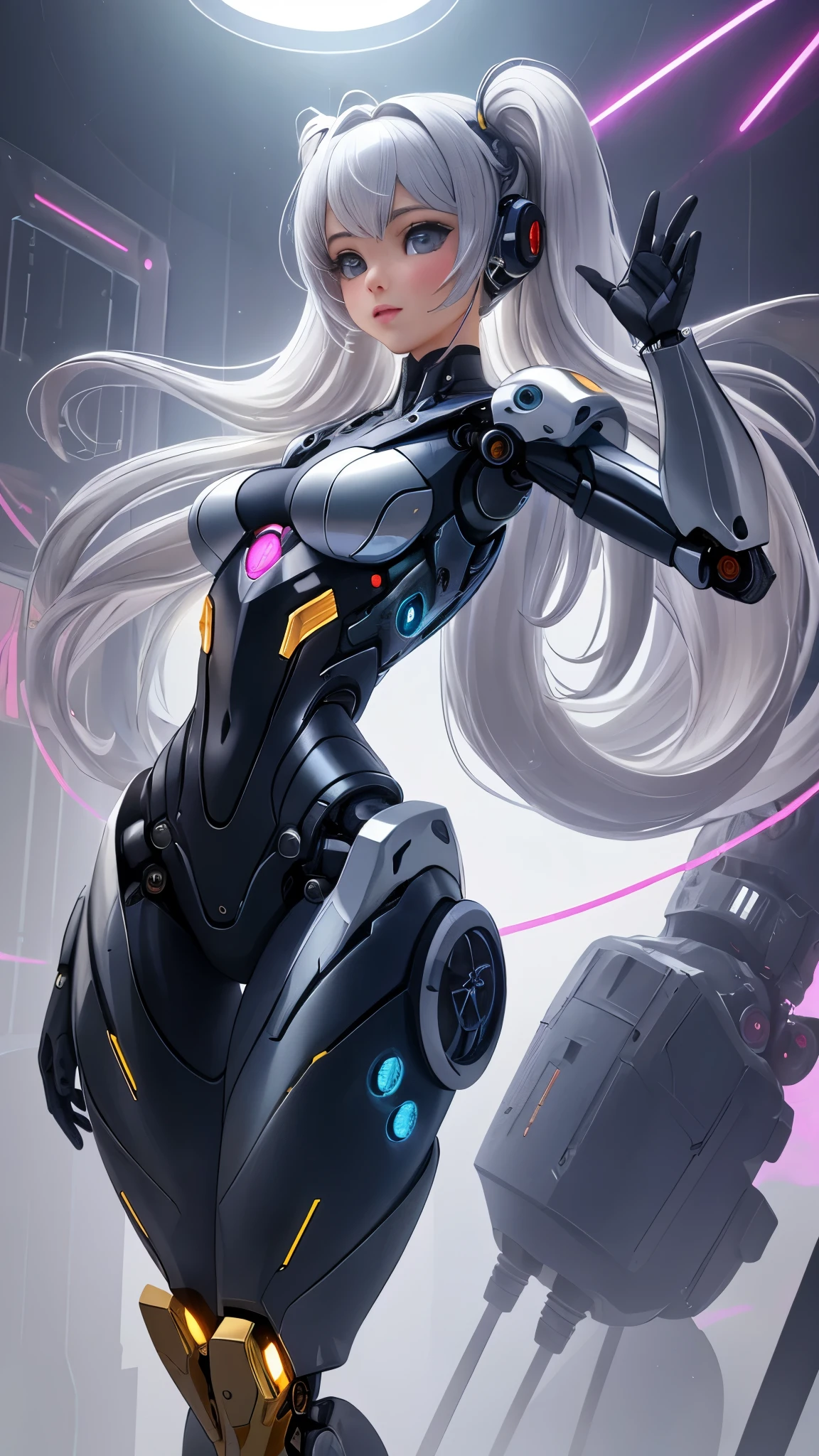 (La mejor calidad,A high resolution,Ultra - detallado,actual),Ariana Grande, Complejo 3D render ultra detallado de una hermosa chica japonesa androide cyborg, robotic parts, hermoso estudio con luz suave, luz de llanta, Detalles vibrantes, Ciberpunk de lujo, Android body made of white and silver transparent glass and plastic, , Mecanismos internos del cuerpo de metal plateado, dynamic pose, Fluid organic components, Grabado detallado, Lace designs, Circuitos dorados brillantes, arte por H.R. giger, greg rutowski