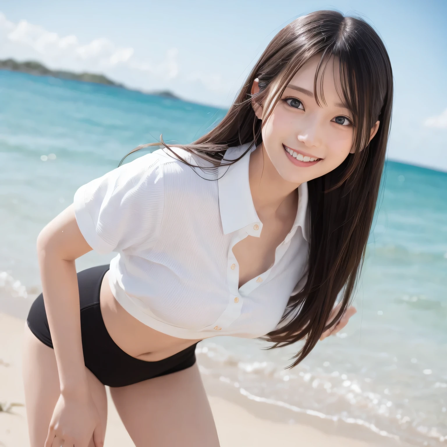 on the table, best quality, illustration, Super detailed, fine details, high resolution, 8k wallpaper, Perfect dynamic composition, Beautiful and delicate eyes,whole body摄影,show your whole body、collared shirt、long gray hair, Bold sexy pose,Smile,Harajuku、20 year old girl、huge :1.5、Look at the sexy shots of the camera, whole body、Holding a bouquet of flowers、standing at the beach