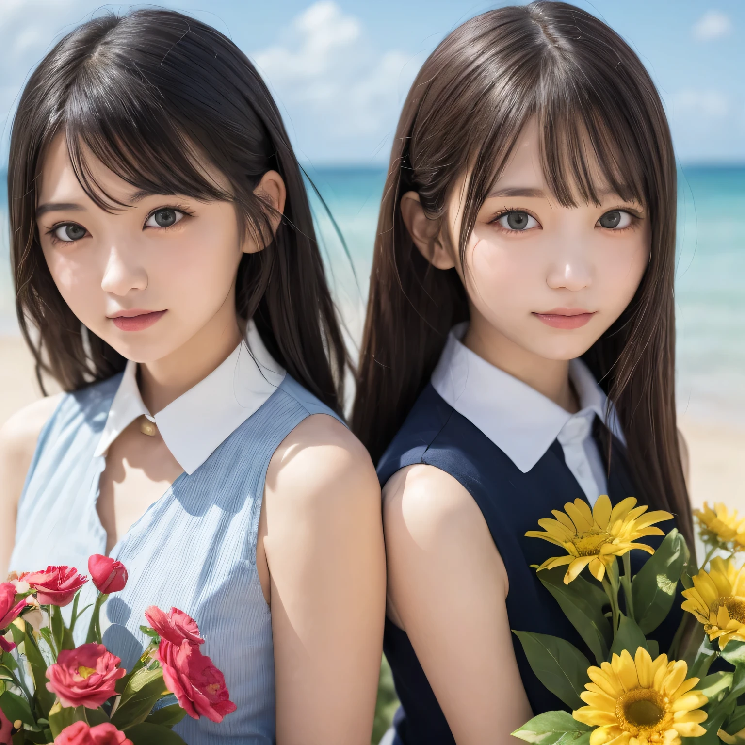 on the table, best quality, illustration, Super detailed, fine details, high resolution, 8k wallpaper, Perfect dynamic composition, Beautiful and delicate eyes,whole body摄影,show your whole body、collared shirt、long gray hair, Bold sexy pose,Smile,Harajuku、20 year old girl、huge :1.5、Look at the sexy shots of the camera, whole body、Holding a bouquet of flowers、standing at the beach
