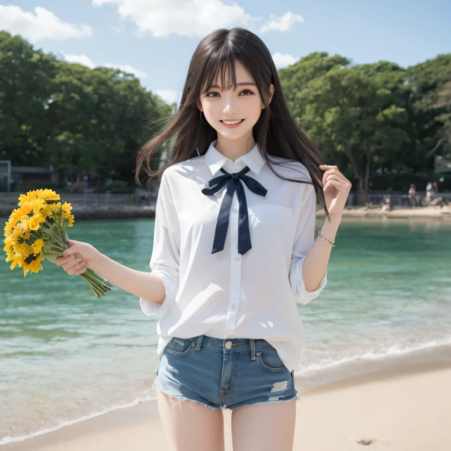 on the table, best quality, illustration, Super detailed, fine details, high resolution, 8k wallpaper, Perfect dynamic composition, Beautiful and delicate eyes,whole body摄影,show your whole body、collared shirt、long gray hair, Bold sexy pose,Smile,Harajuku、20 year old girl、huge :1.5、Look at the sexy shots of the camera, whole body、Holding a bouquet of flowers、standing at the beach