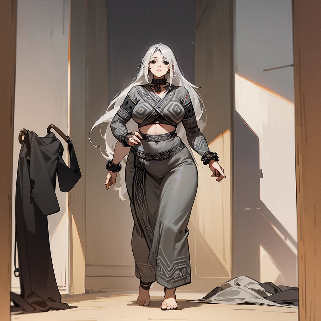 (((Alone))),(((Mature Woman))),(((Long Gray hair without bangs))),(((Completely black eyes))),(Normal Curvy Body),(((Tribal clothing)))