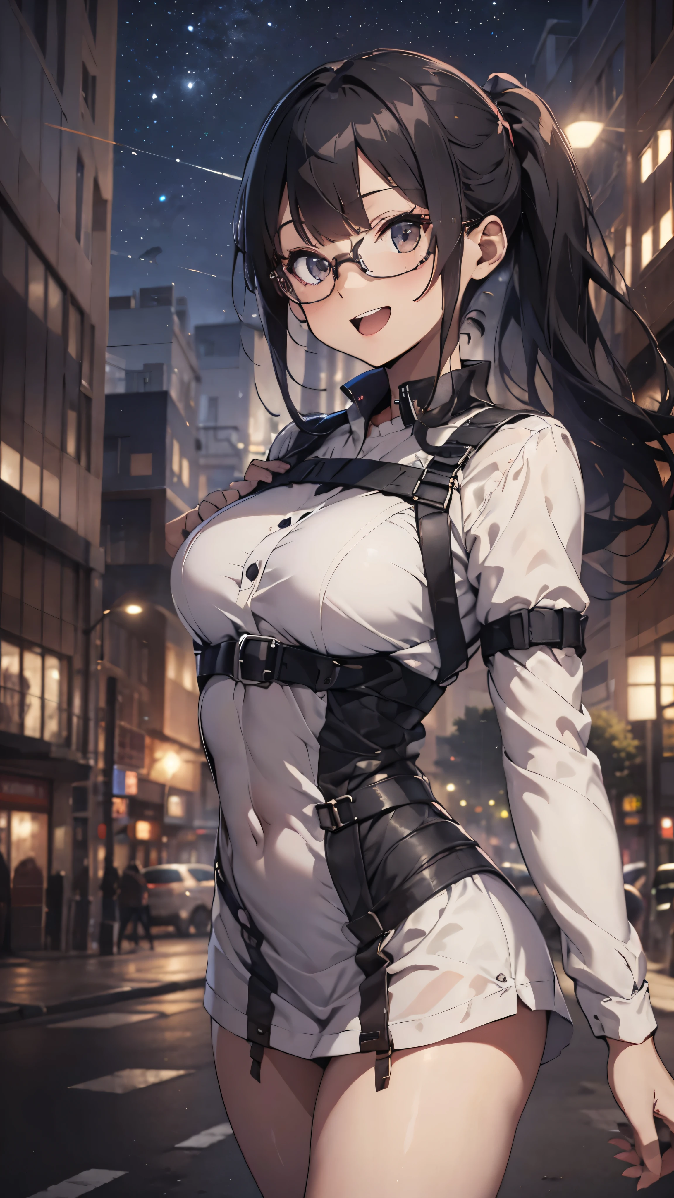 woman,20-year-old,,city,night,white tight miniskirt bodysuit,(),open mouth smile((See-through))Glasses,((Beautiful long ponytail))